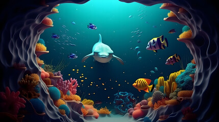 Obraz na płótnie Canvas Enter the Enchanting Underwater Realm - Immerse Yourself in the Mesmerizing 3D Effect Wall with Wild Illustration Background. 3D Interior Mural for Home Wall art Decor Wallpaper.