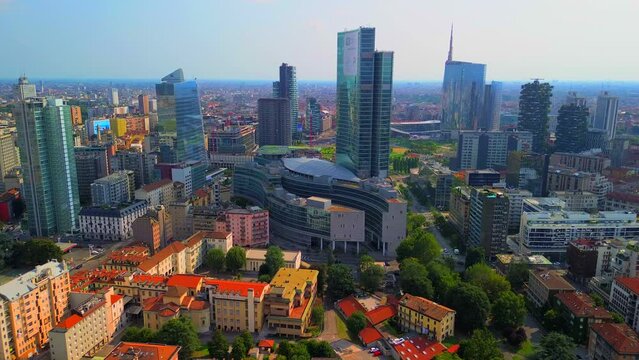Aerial view of Milan city skyline.  the modern urban landscape of business buildings. Aerial footage showing new skyscrapers. POV. Palazzo Regione Lombardia. Milan Italy 09.09.2023
