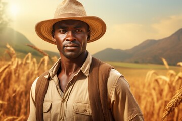 Portrait of african farmer standing in wheat field. Generative ai