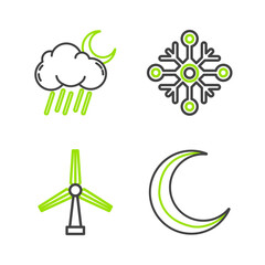Set line Moon and stars, Wind turbine, Snowflake and Cloud with rain moon icon. Vector
