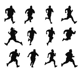 fat man running jogging silhouette set, healthy fitness concept