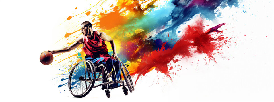 Disability weelchair basketball sport player, colorful splash illustration
