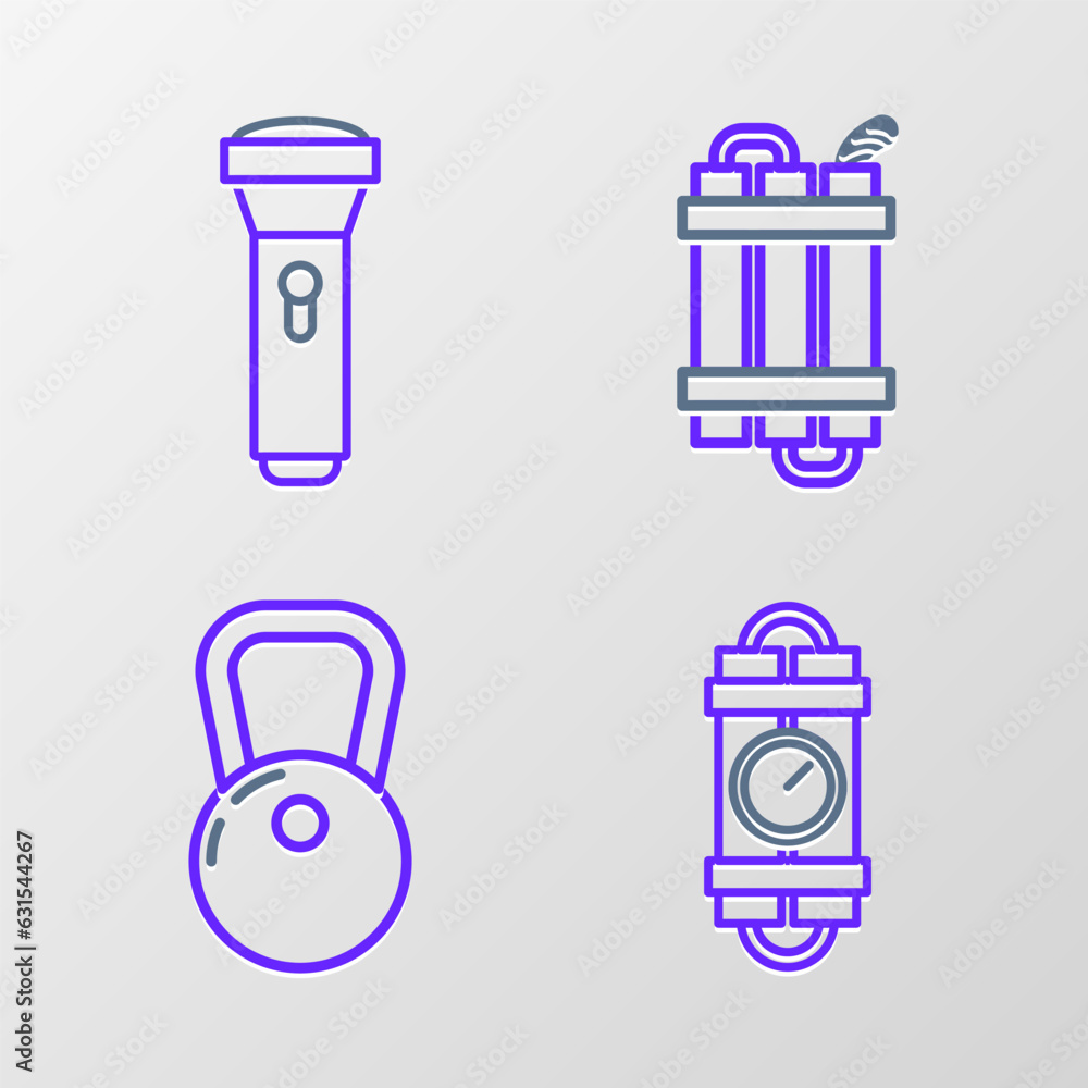 Poster set line detonate dynamite bomb stick and timer clock, kettlebell, and flashlight icon. vector
