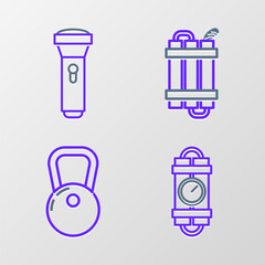 Set line Detonate dynamite bomb stick and timer clock, Kettlebell, and Flashlight icon. Vector