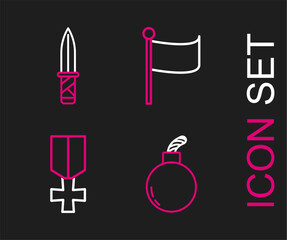 Set line Bomb ready to explode, Military reward medal, Flag and knife icon. Vector