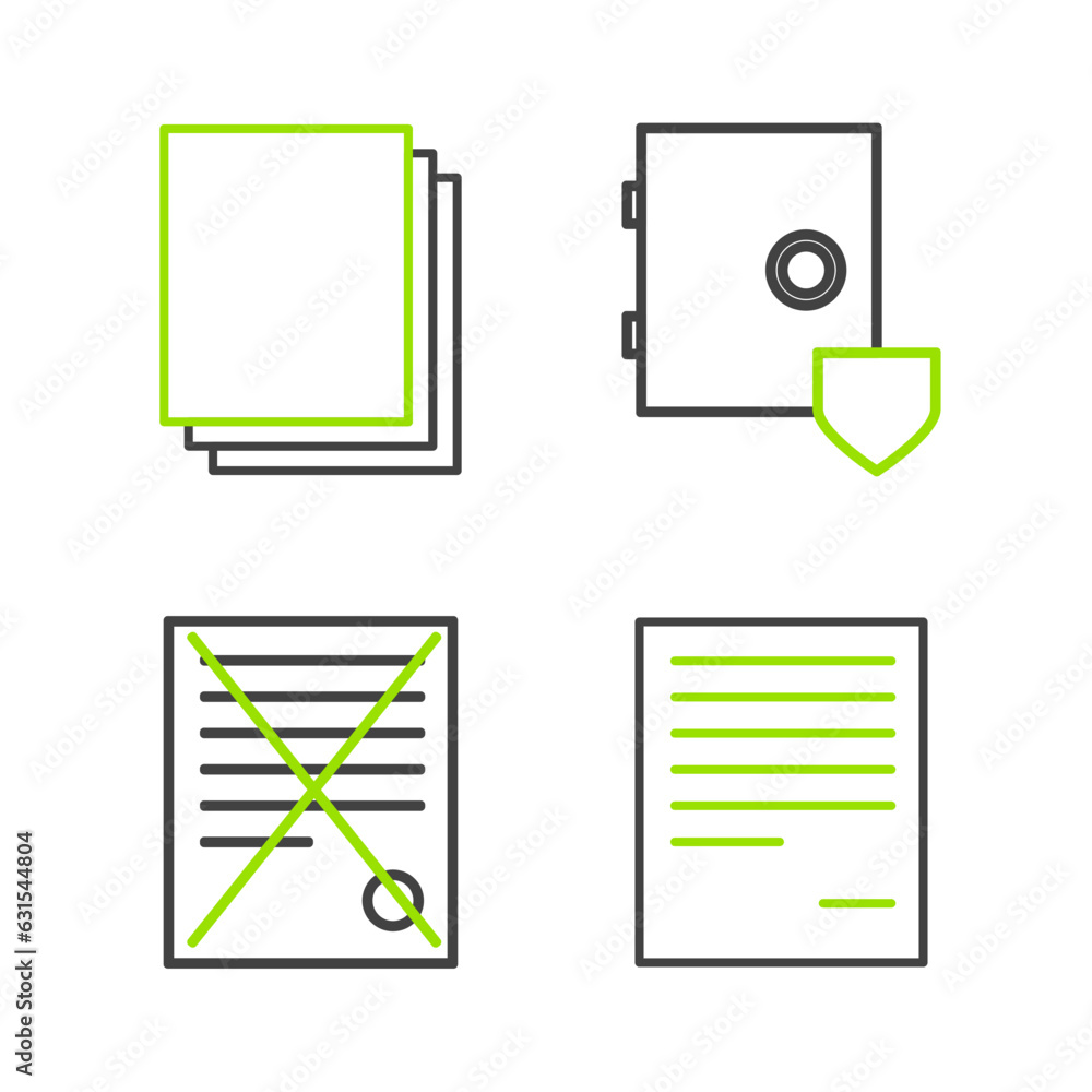 Poster set line document, delete file document, safe with shield and clean paper icon. vector