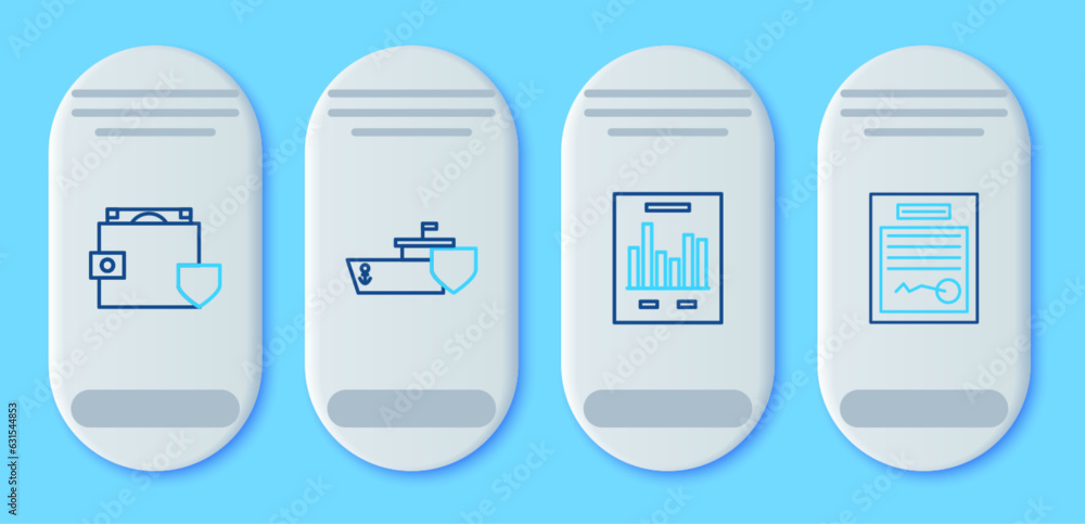 Poster set line ship with shield, document graph chart, wallet and money and filled form icon. vector