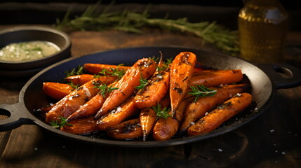 roast baby carrots in rustic skillet with herbs on wooden table gourmet editorial magazine photograph style 