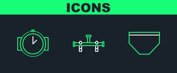 Set line Swimming trunks, Diving watch and Manifold icon. Vector