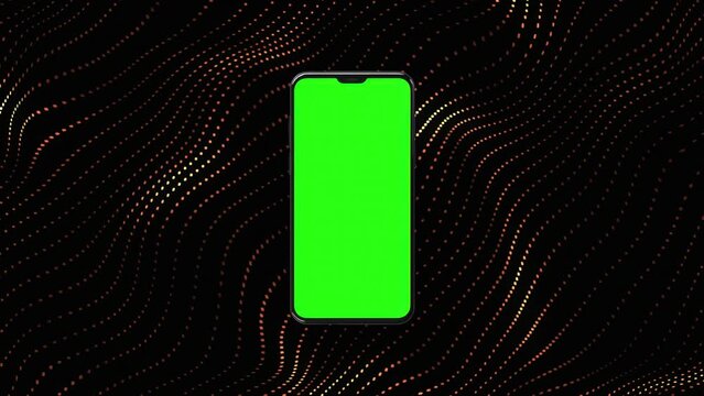 Mobile screen frame for images and copy text. Green screen smartphone mockup on the background of dynamic particles sound flow wave flowing over dark, neon wave of glowing dots. High quality video.