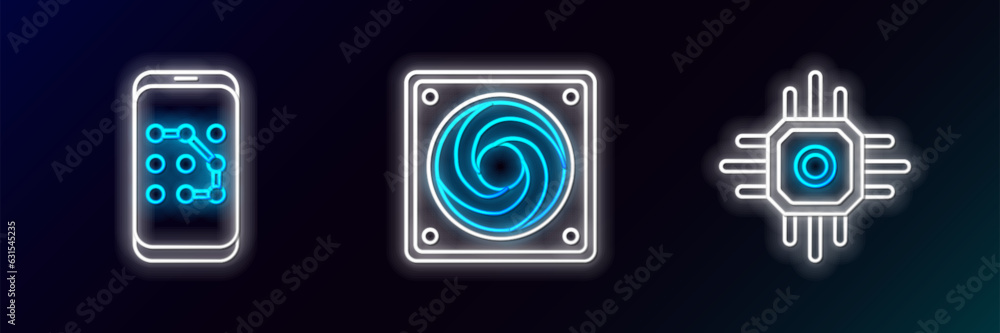 Poster set line processor, mobile and graphic password protection and computer cooler icon. glowing neon. v