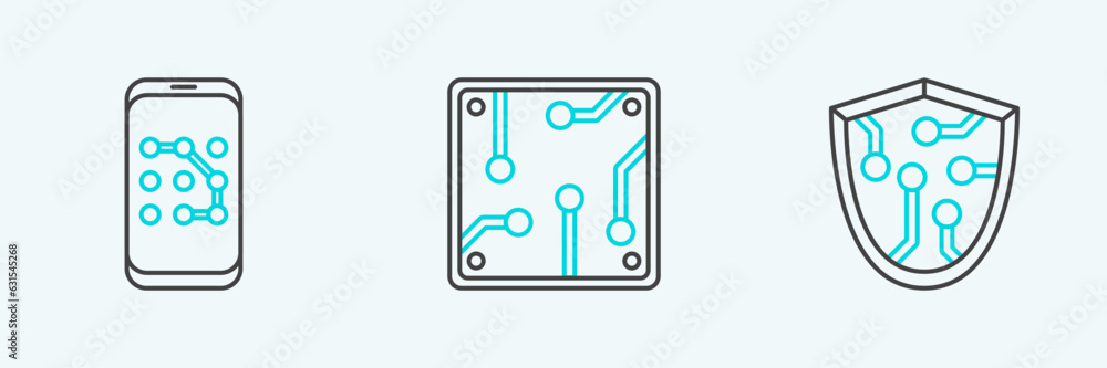 Poster set line cyber security, mobile and graphic password protection and processor icon. vector
