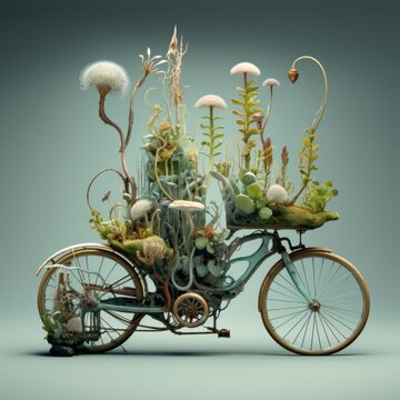 Photo of a bicycle with a vibrant garden on its back created with Generative AI technology