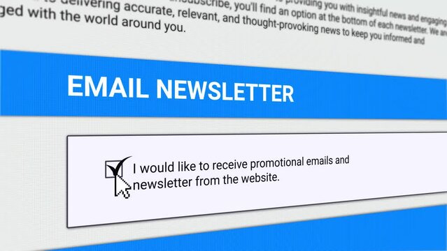 Mouse Cursor Clicking and accepting newsletter to receive promotional emails from the website" Checkbox. Email Marketing Concept with Digital Screen Effects.