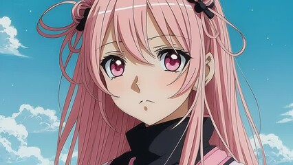 Cute anime girl, blonde on the blue sky background