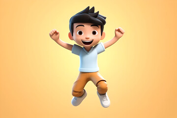 Happy asian avatar boy smiling and flying hands up