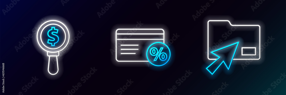 Aufkleber set line cursor click document folder, magnifying glass and dollar and discount card with percent ic