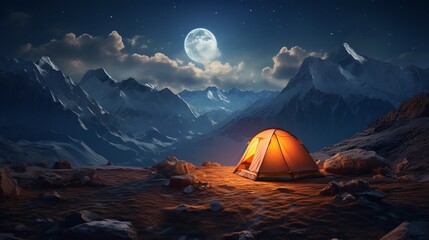 Photo of a mountain tent under a starry night sky created with Generative AI technology