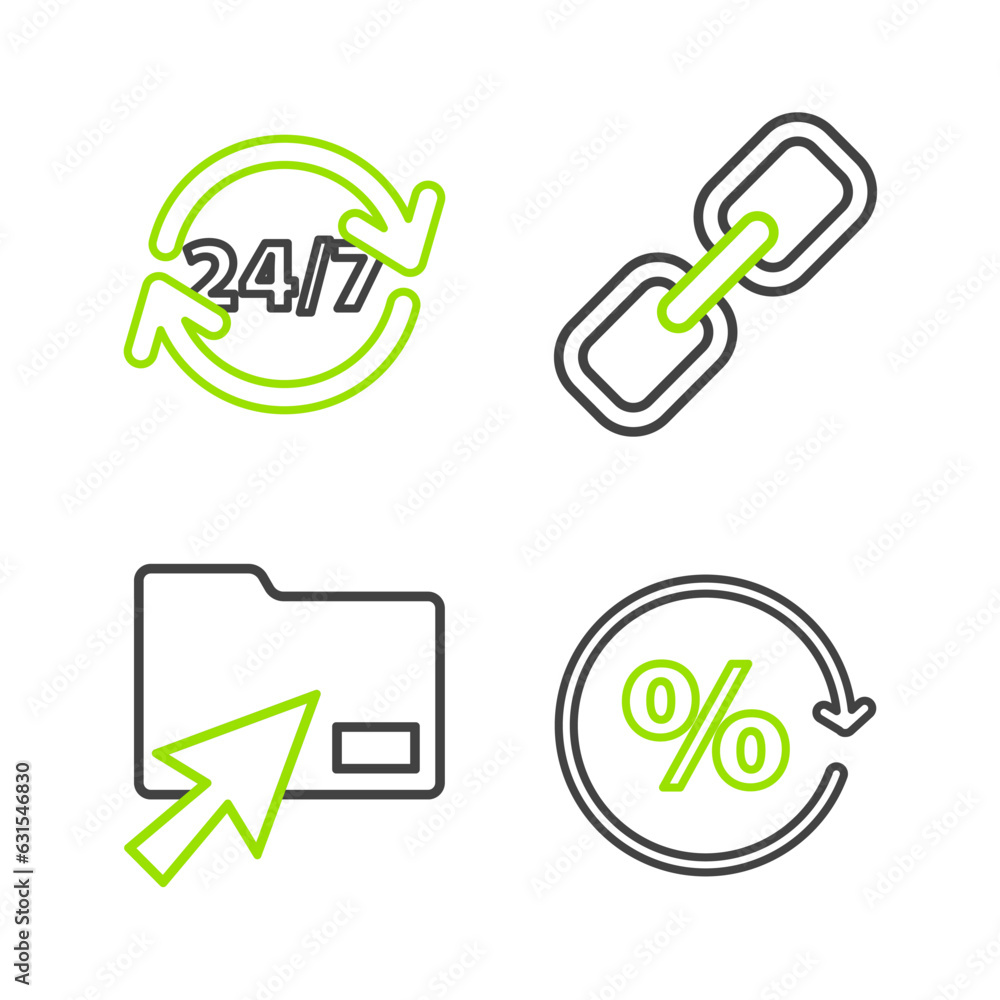 Poster set line discount percent tag, cursor click document folder, chain link and clock 24 hours icon. vec