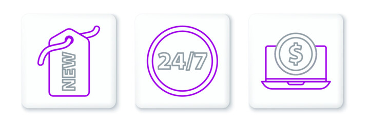 Set line Laptop with dollar, Price tag New and Clock 24 hours icon. Vector