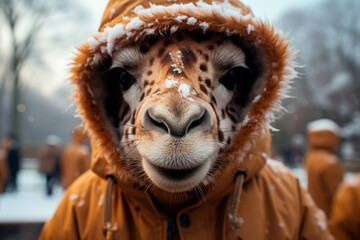 portrait of a cute giraffe wearing winter clothes and scarf