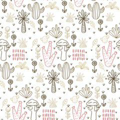 Vector seamless pattern with cactus,palm,bush,pineapple baobab.Tropical jungle cartoon leaf.Pastel plant background.Cute natural pattern for fabric, childrens clothing,textiles,wrapping paper.