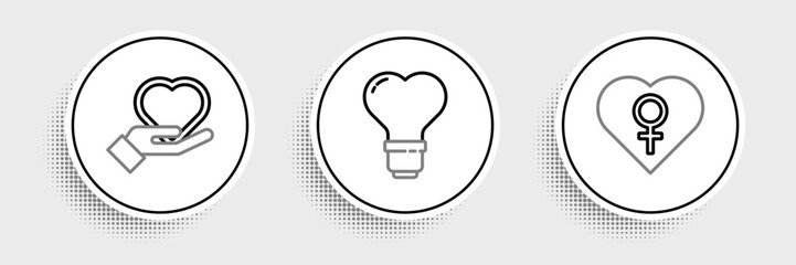 Set line Heart with female gender, on hand and shape in light bulb icon. Vector