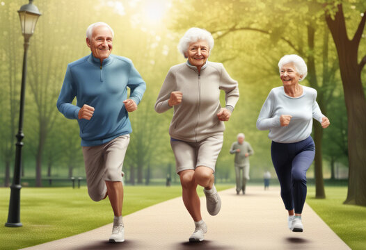 Elderly couple running outdoors in the park