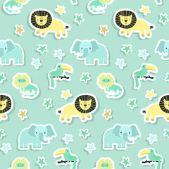 Vector sticker pattern with elephant, lion, lizard, toucan.Tropical jungle cartoon creatures.Pastel animals background.Cute natural pattern for fabric, childrens clothing,textiles,wrapping paper.