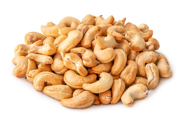 Roasted brown cashew nuts in stack isolated on white background with clipping path and shadow in png file format