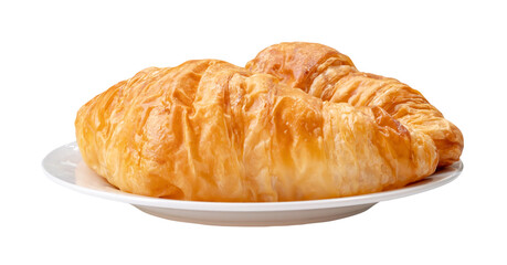 Two pieces of croissant in stack in white plate isolated on white background with clipping path in png file format