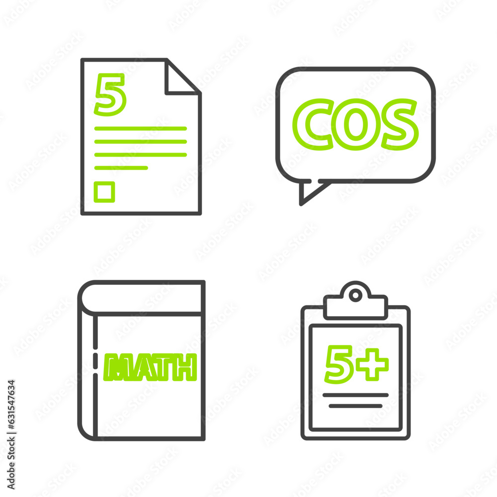 Poster set line test or exam sheet, book with word mathematics, mathematics function cosine and icon. vecto