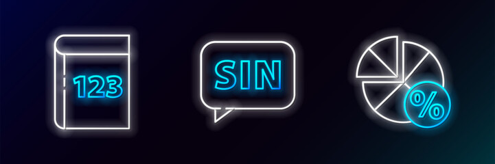 Set line Graph, schedule, chart, diagram, Book with word mathematics and Mathematics function sine icon. Glowing neon. Vector