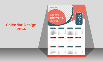 Modern wall calendar design 2024 template, Premium vector One Page wall Calendar 2024.
