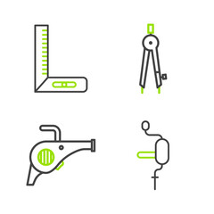 Set line Hand drill, Leaf garden blower, Drawing compass and Corner ruler icon. Vector