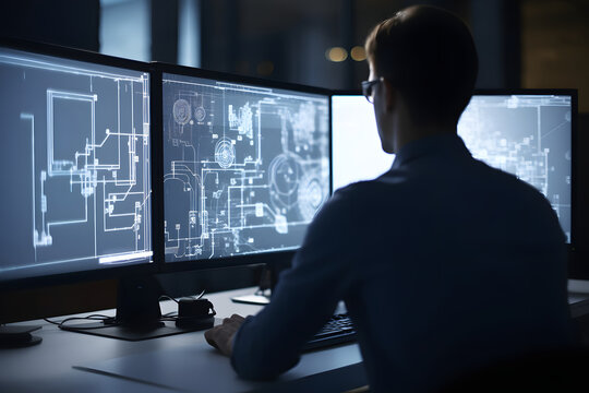 Over the Shoulder view of an Engineer Working with CAD Software using three large computer screens. Neural network generated in May 2023. Not based on any actual person, scene or pattern.
