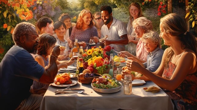 Photo of people enjoying a meal together at a table filled with delicious food