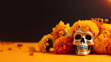 Dia De Los Muertos or Day of the Dead golden scull and flowers on yellow surface with black background with copy space. Not based on actual scene or pattern.