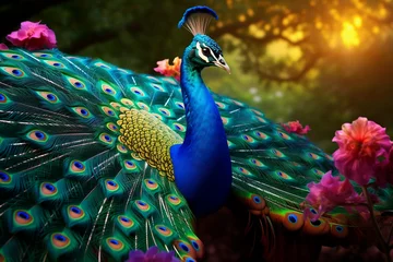 Raamstickers Regal peacock displaying its iridescent plumage, a vivid burst of colors. © Tachfine Art