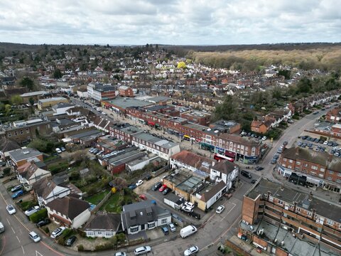 Loughton high street  Essex UK town centre drone aerial.