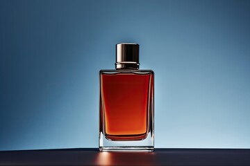 Bottle of modern perfume with brown fragrance on blue background