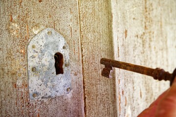 the keys have been inserted into the old key hole of the door