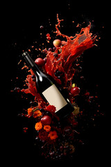 bouteille de vin avec vin qui éclabousse, fruits rouges, fond noir