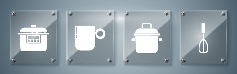 Set Kitchen whisk, Cooking pot, Coffee cup and Slow cooker. Square glass panels. Vector