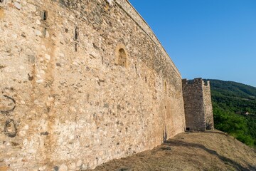 The defensive wall and ruins of Prizren Fortress, the historic hilltop fortress in Kosovo