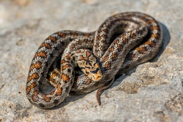 Macro shot of a juvenile Leopard Snake or European Ratsnake, Zamenis situla, on rocks in Malta.