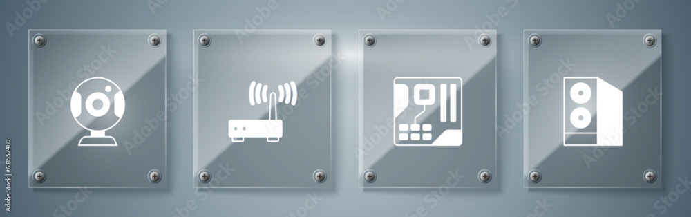 Poster set case of computer, motherboard digital chip, router and wi-fi signal and web camera. square glass