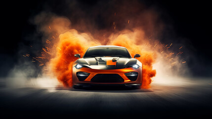 Fototapeta na wymiar A Modern sports car with orange smoke sparks coming out of it - Generative Ai