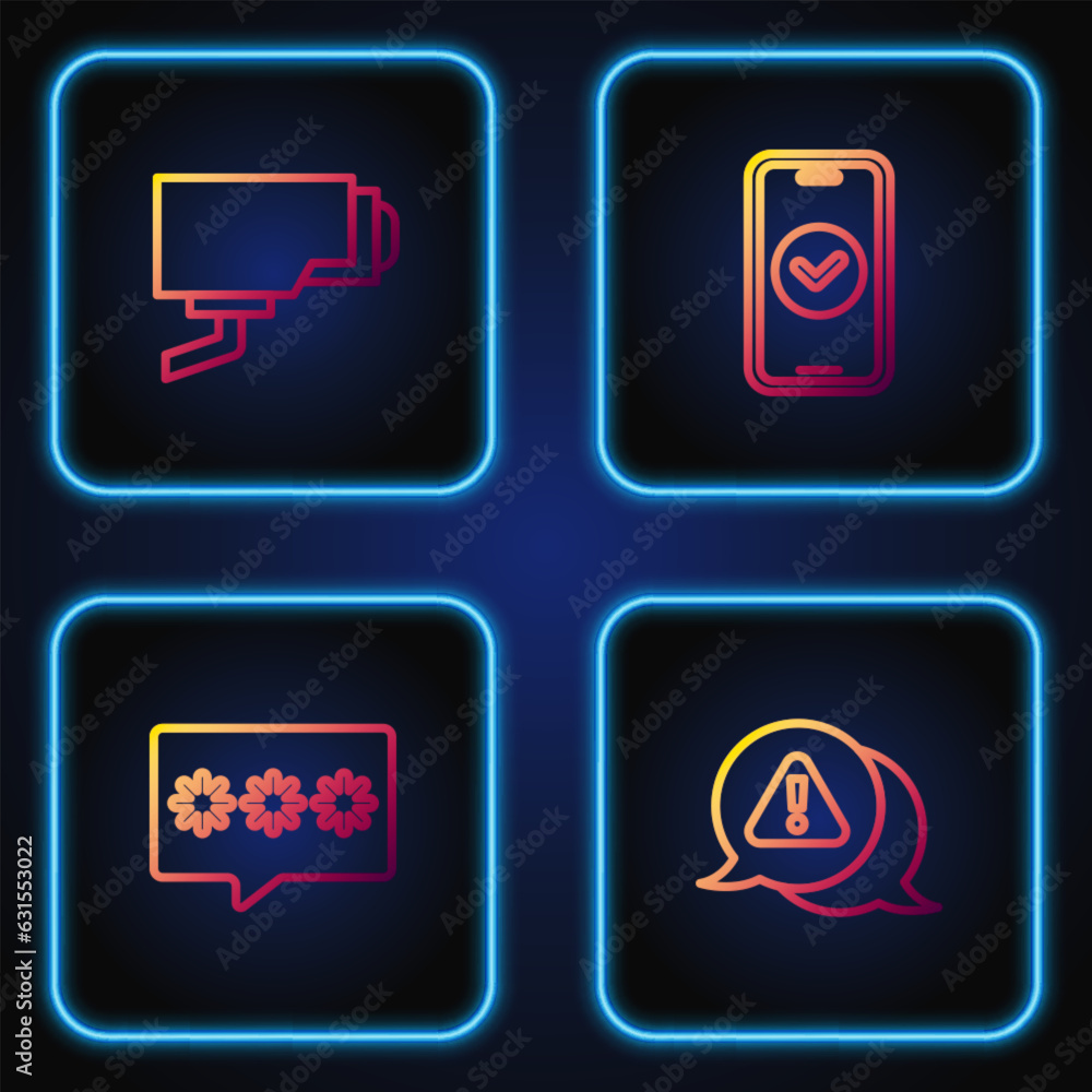 Poster set line exclamation mark in triangle, password protection, security camera and smartphone. gradient