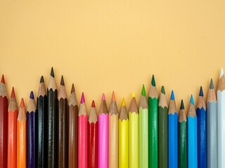 Row of assorted colored pencils against a pastel-colored background.